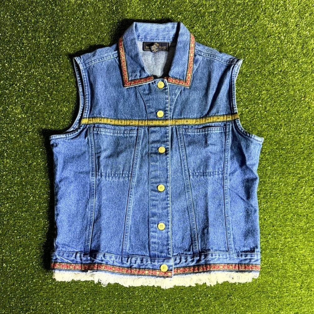 British Khaki Womens Denim Vest Medium Wash Embroidered Ribbon Fringe Hem Size M